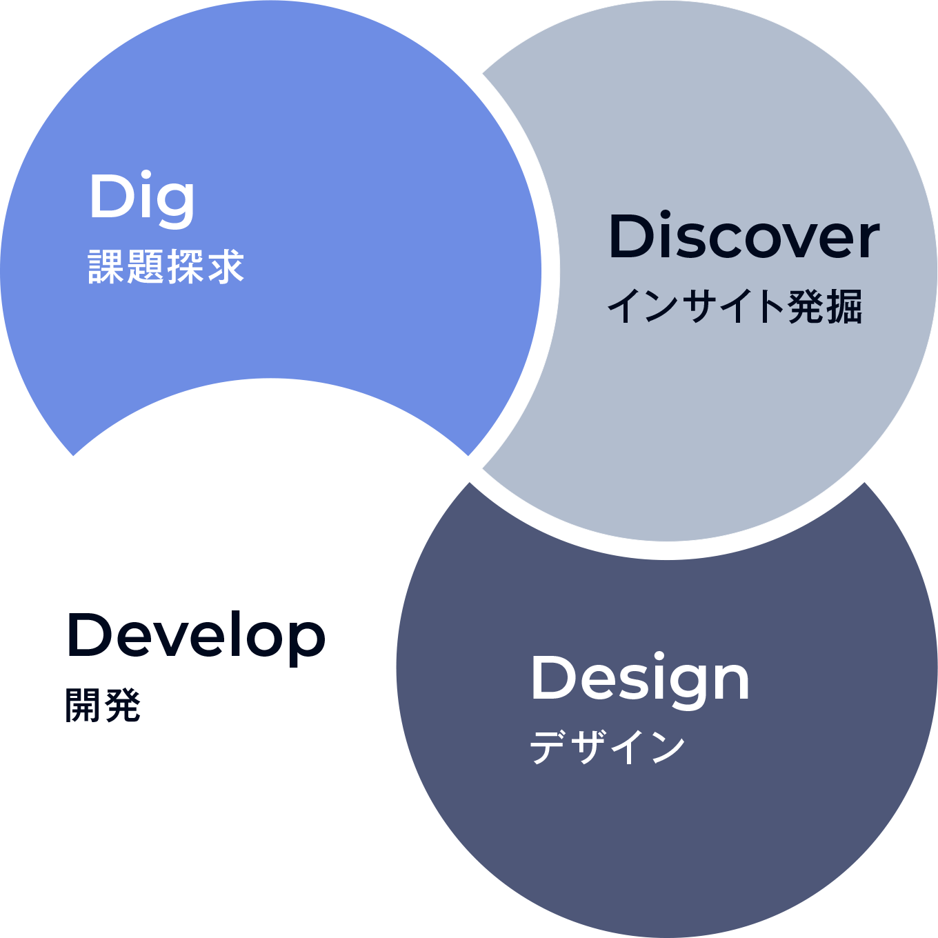 Dig:探究 Discover:インサイト発掘 Develop:開発 Design:デザイン